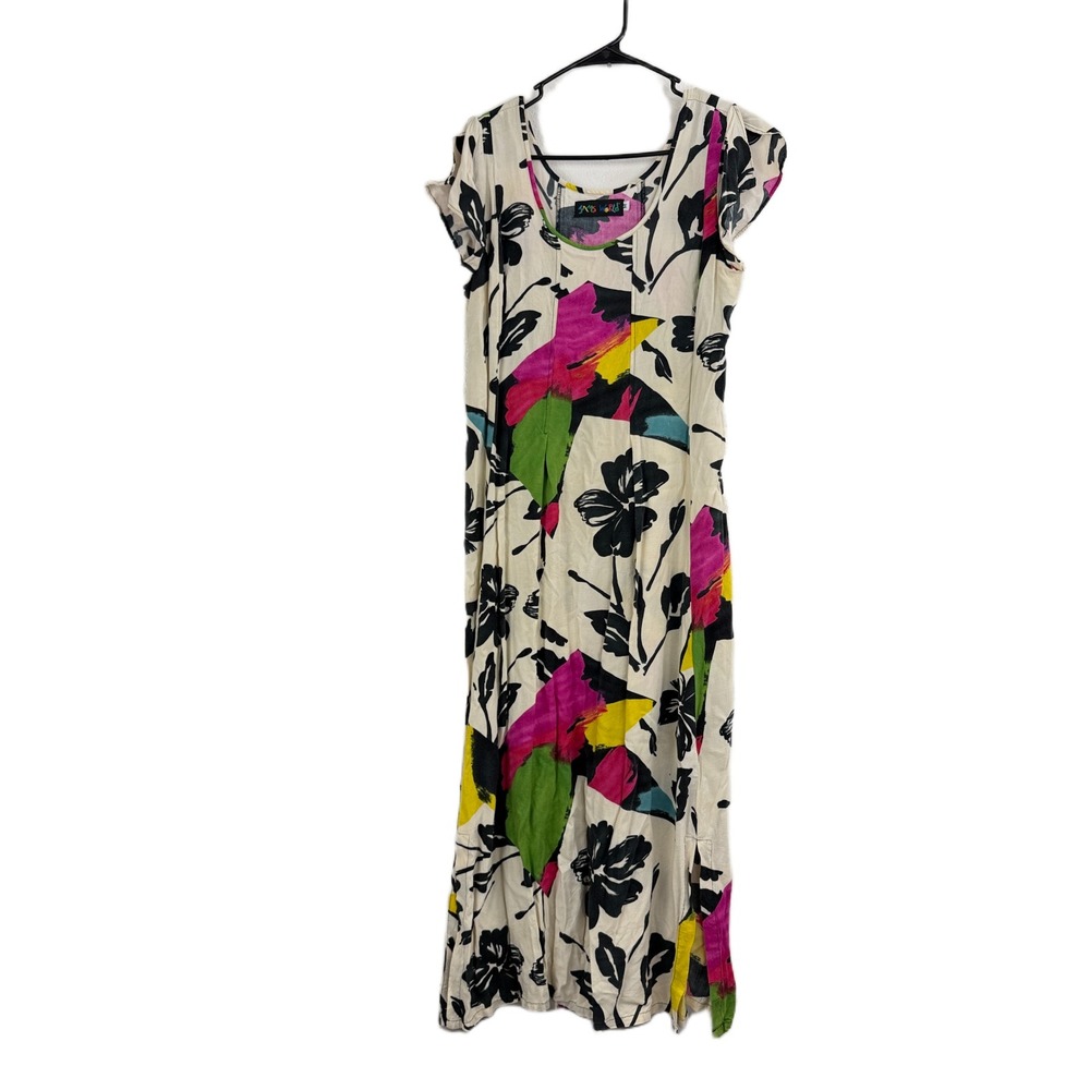 Vtg Jams World Dress Womens Medium Cream Floral Print Flutter Sleeve Maxi Slit